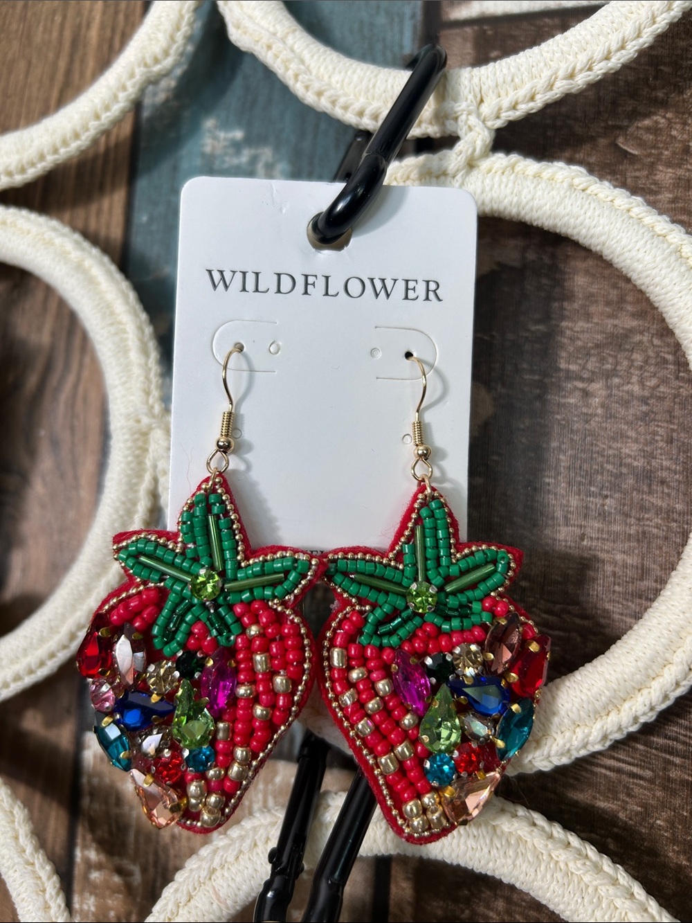 Wildflowers Red and Green Beaded Strawberry Drop Earrings